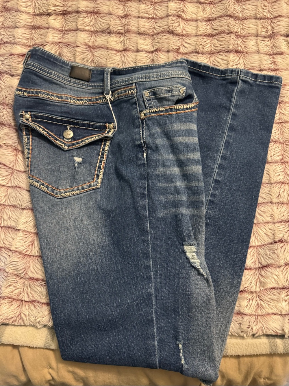 Women's Blue Boot-Cut Jeans with Distressed Details